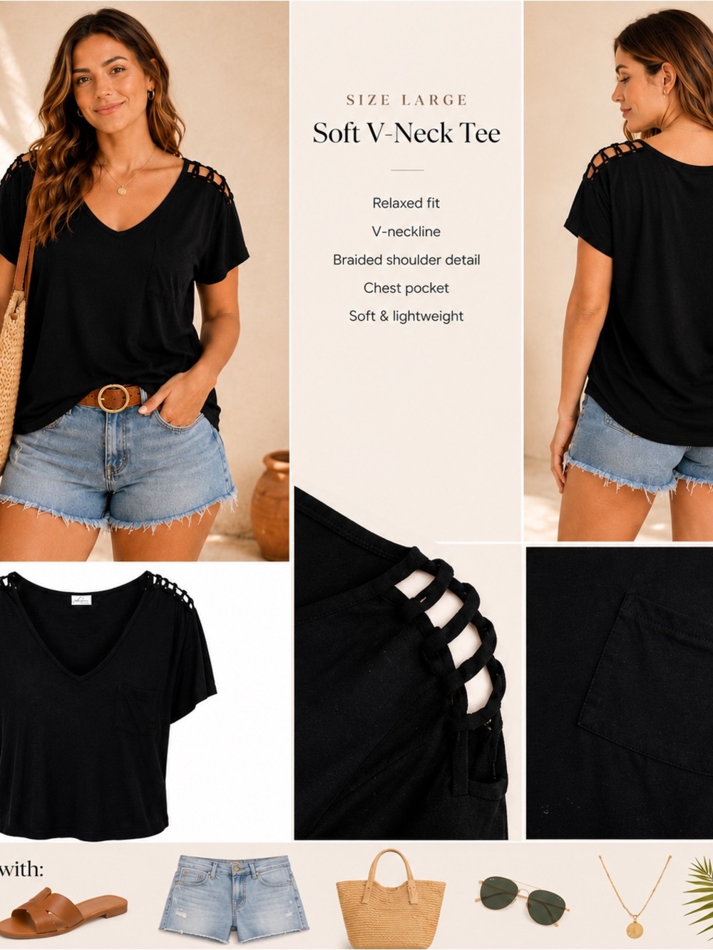 Black Braided Shoulder Tee – XL